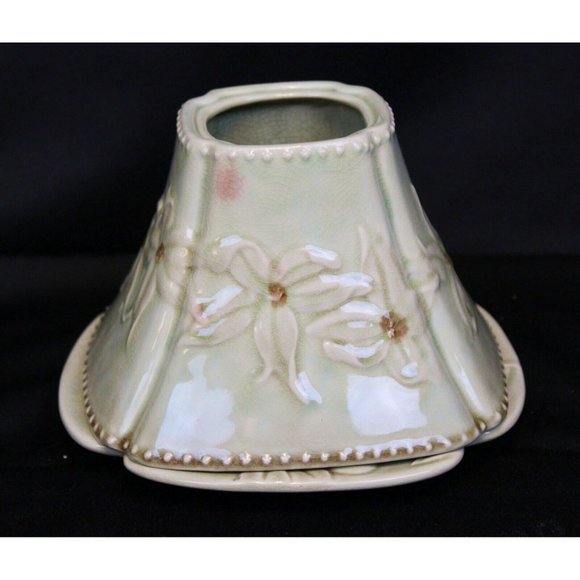 2-pc Yankee Candle Green Orchid Ceramic Candle Shade Topper Plate Holder Crazing - Picture 1 of 13